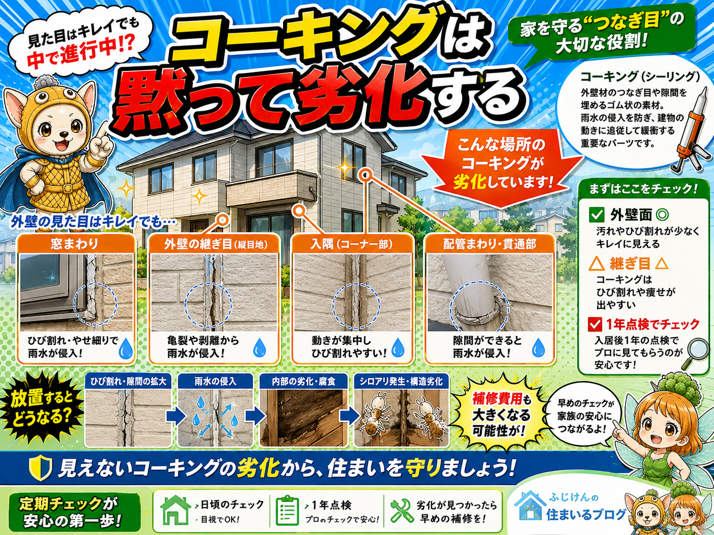 外壁コーキング劣化チェックのポイントを示す補助画像——窓周りや角部のコーキングは黙って劣化するため1年後点検での確認が重要という内容を説明するイメージ