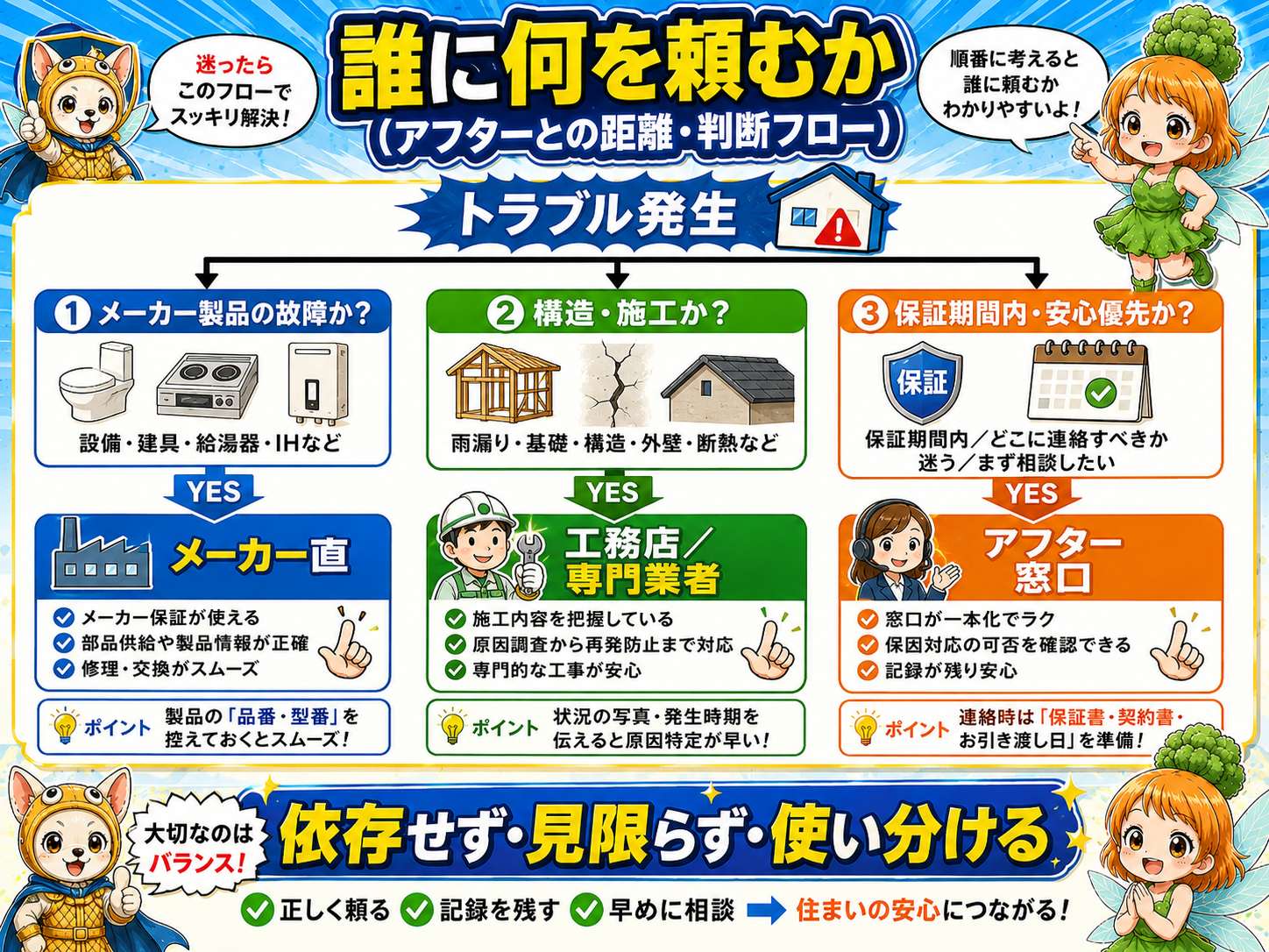 家のどこかが壊れたとき、誰に修理を頼むかを判断するフロー図——①まず『家本体（構造・防水・基礎）か、設備（家電・水まわり機器）か』を分ける ②次に『保証期間内か、期間外か』を確認 ③家本体かつ保証内ならアフター窓口へ ④設備の故障ならメーカー直（LIXIL等）へ ⑤保証外の修理は地元工務店・専門業者にも相見積もり、という『依存せず・見限らず・使い分ける』アフターとの正しい距離を示した説明用イメージ